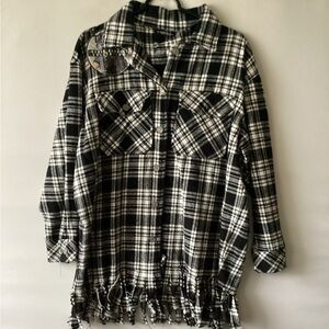 Thrill Jeans long sleeve plaid shacket. Black and White Plaid Fringe Shirt